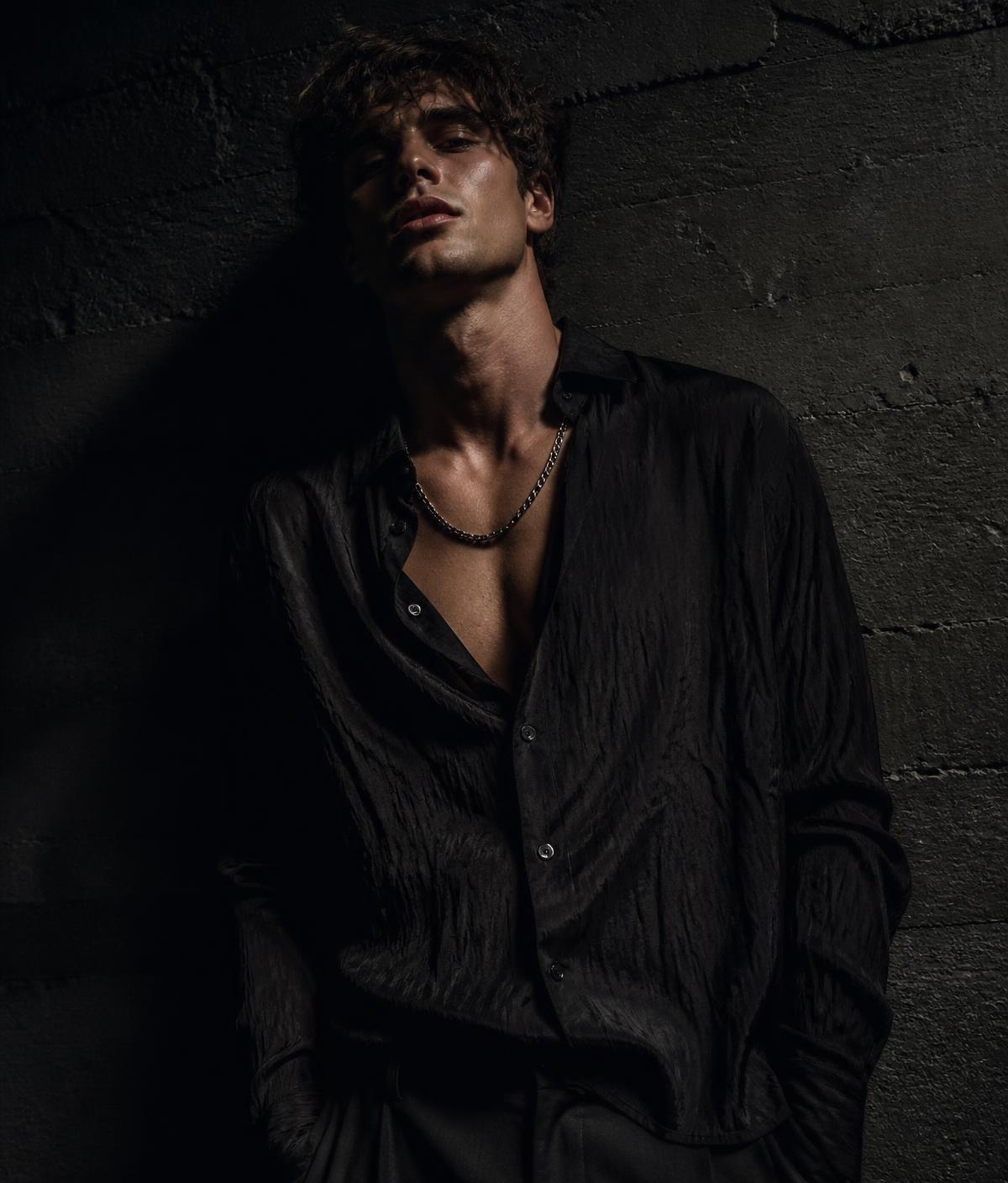 Model in a black crinkle shirt with a silver chain, shot in low light